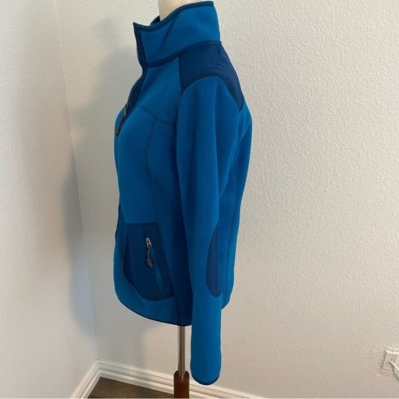 GREEN TEA Blue Fleece Navy Stripe Detail Two Zip Pockets Full Zip Front Size S - Picture 5 of 13